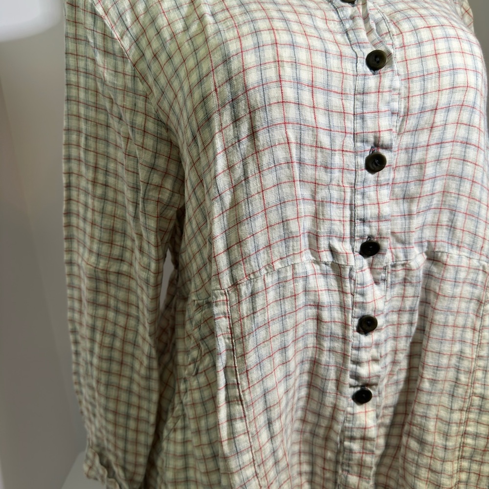FLAX Linen Plaid Shirt with Button Detail